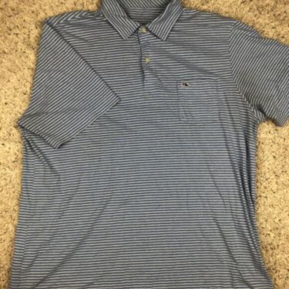 Vineyard Vines Mens Blue White Striped Polo Golf Shirt Large W Pocket Whale - Picture 1 of 9